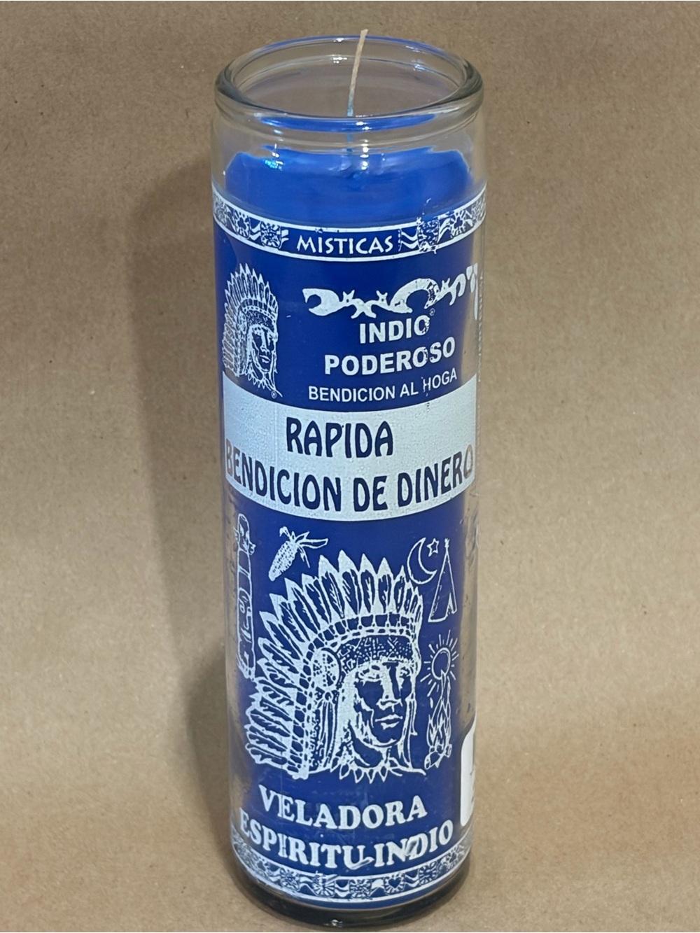 Indio Poderoso Blue Ritual Candle - Rapida Bendicion de Dinero
